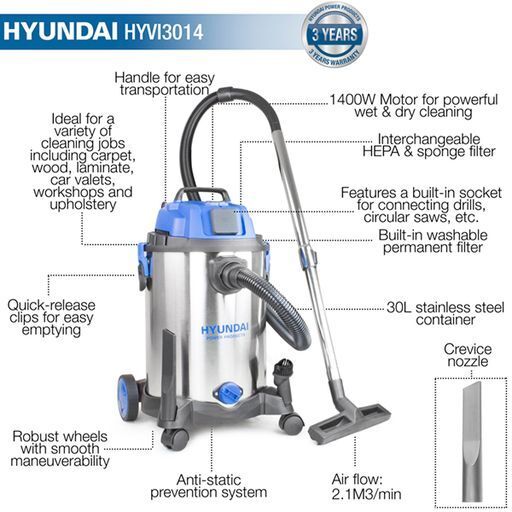 Hyundai 1400W 3-In-1 Wet and Dry HEPA Filtration Electric Vacuum Cleaner