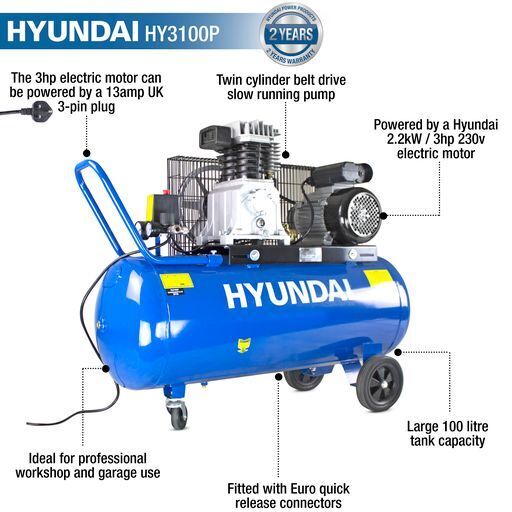 Hyundai 3hp 100L belt drive air compressor with wheels HY3100P
