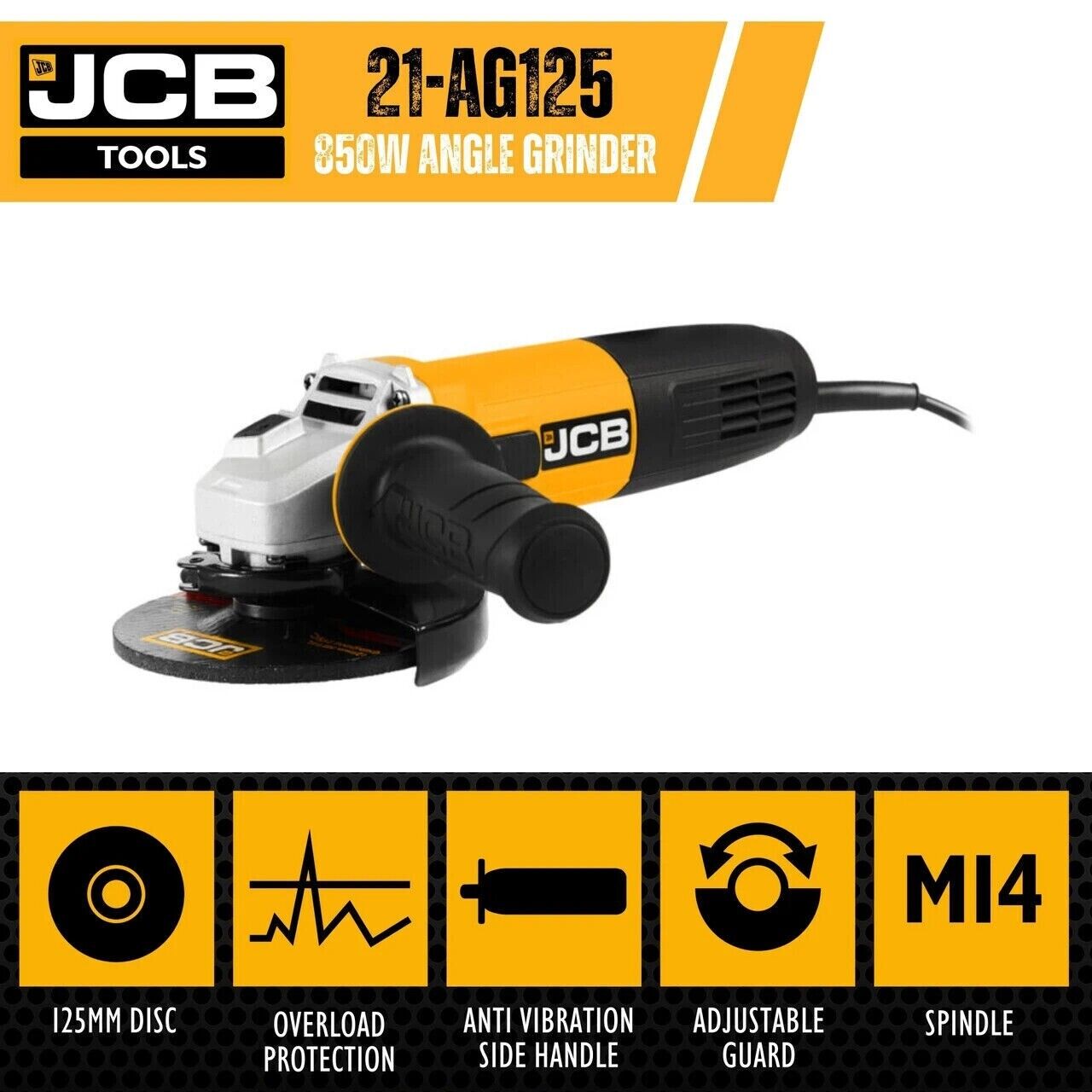 JCB 850W Corded Angle Grinder 125mm Disc 2 Position Anti-Vibration Side Handle
