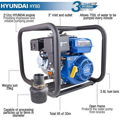 Hyundai 212cc 6.5hp Professional Petrol Water Pump - 3"/80mm Outlet