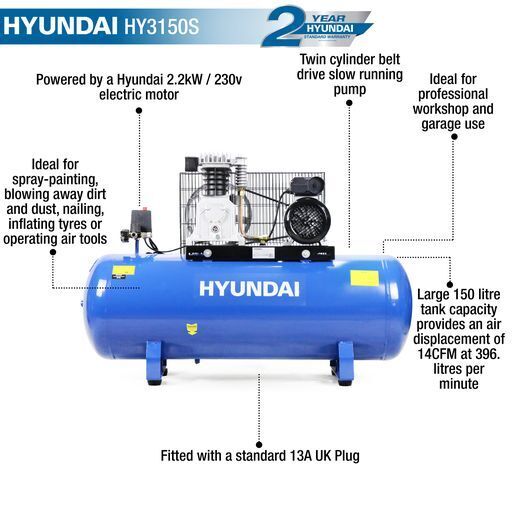 Hyundai 3hp 150L belt drive air compressor static floor mounted HY3150S